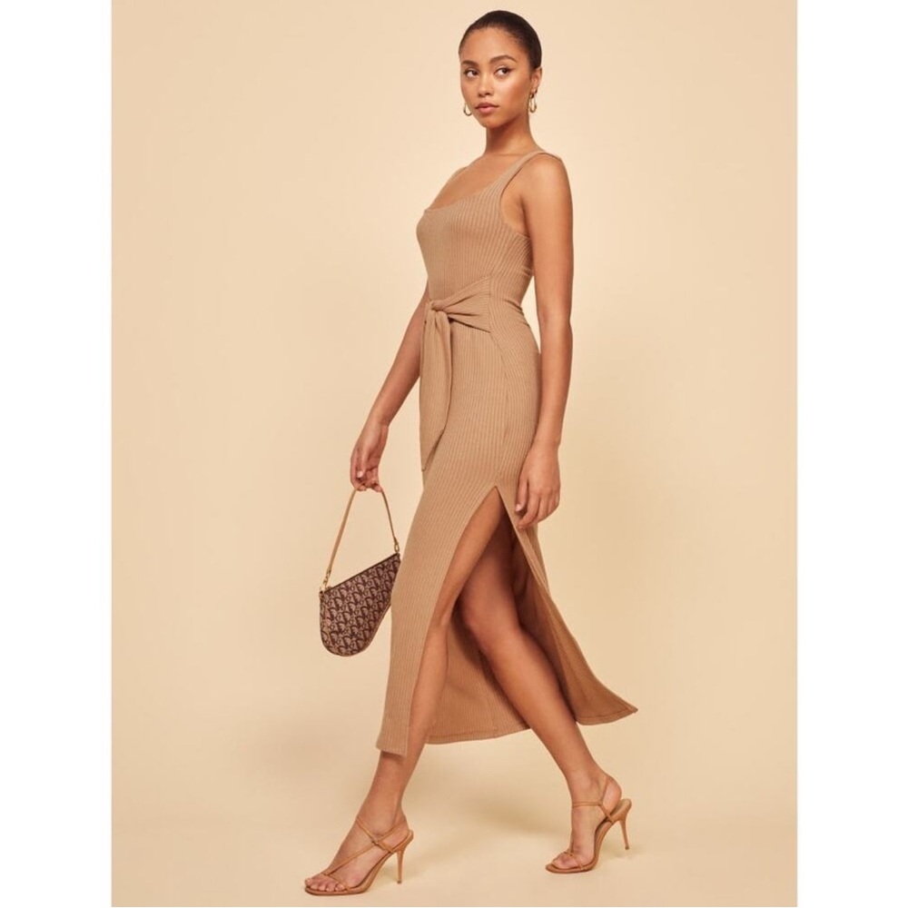Reformation Hosby Tan Ribbed Slit Tie Front Midi Dress Small